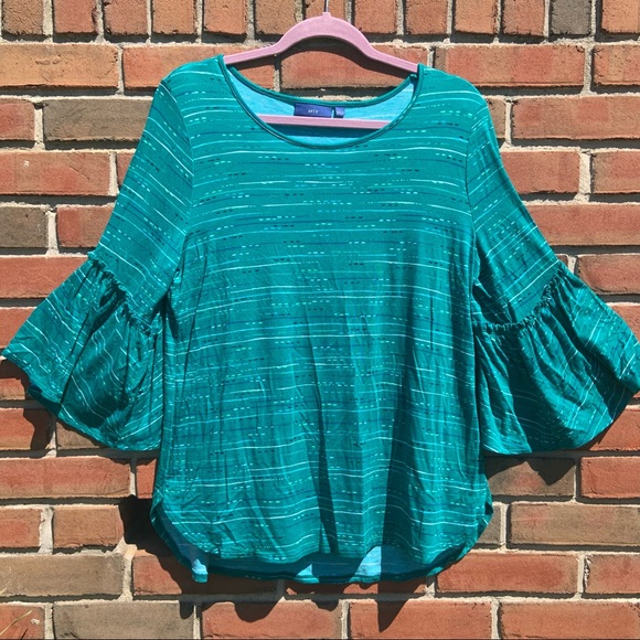 Apt. 9 Tops - Apt 9 Teal Stripe Top with Ruffle Bell 3/4 Sleeves
